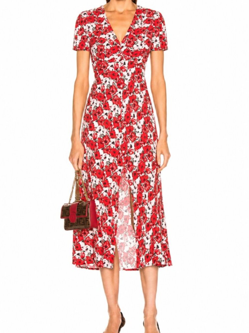 RIXO London Katie Floral Midi Dress Size M Red Viscose V-Neck Button EUC